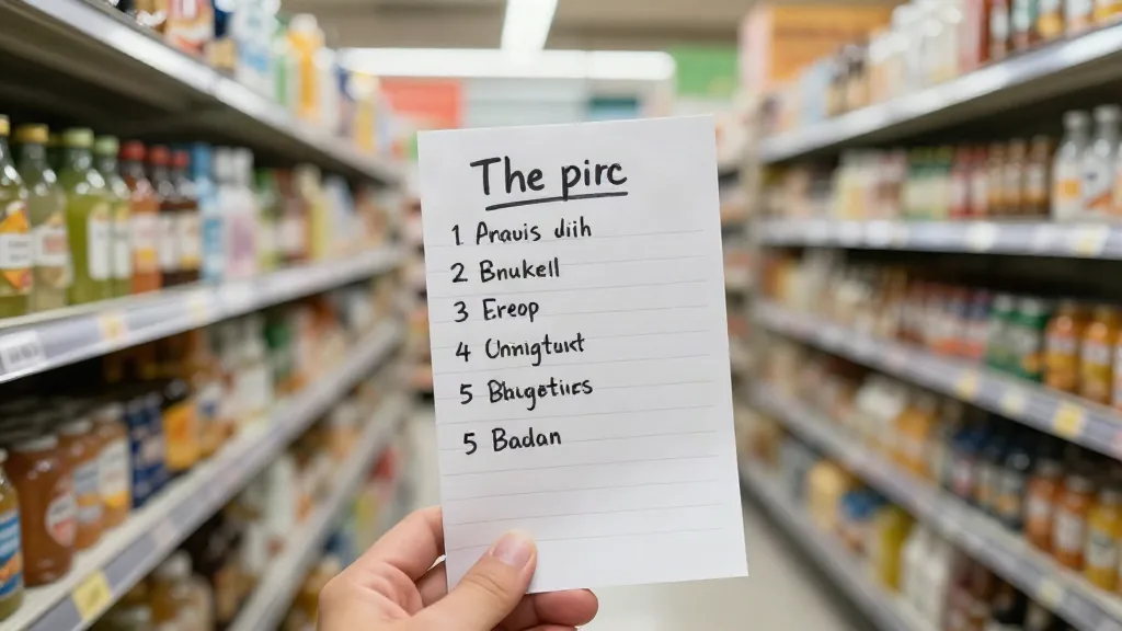 Pasillo de supermercado con una lista de la compra en primer plano