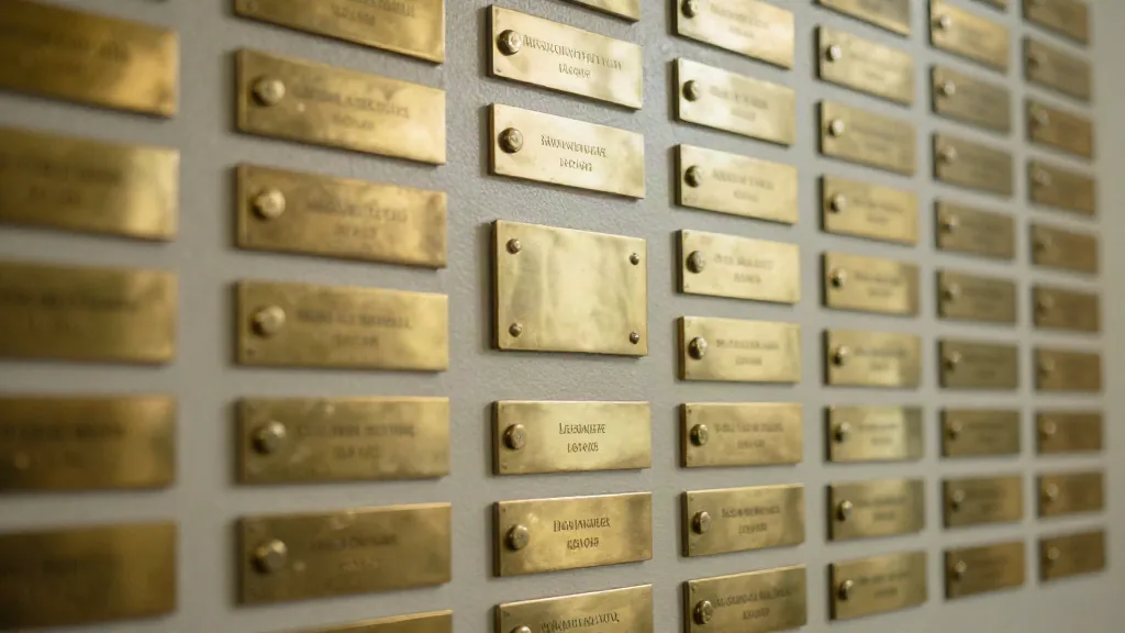 Directorio de oficina con placas de latón y un hueco donde faltaba una